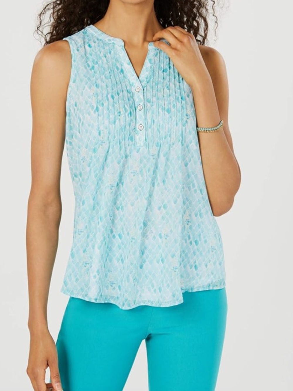 Charter Club Light Aqua Printed Pintuck Sleeveless Top